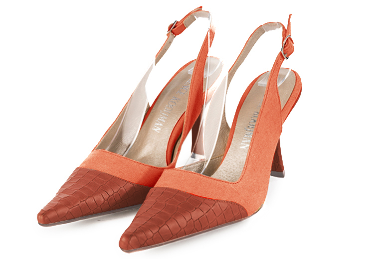 Terracotta orange women's slingback shoes. Pointed toe. High spool heels. Front view - Florence KOOIJMAN